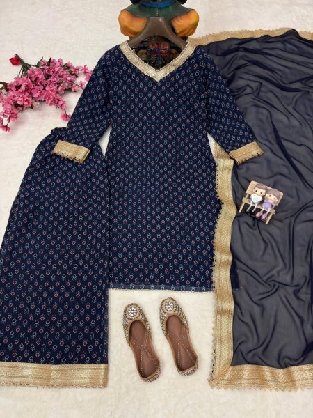 High Rank Blue Georgette Digital Print Kurti Plazzo Set Fancy Lace Work And Lace Border Dupatta Ready To Wear Collection