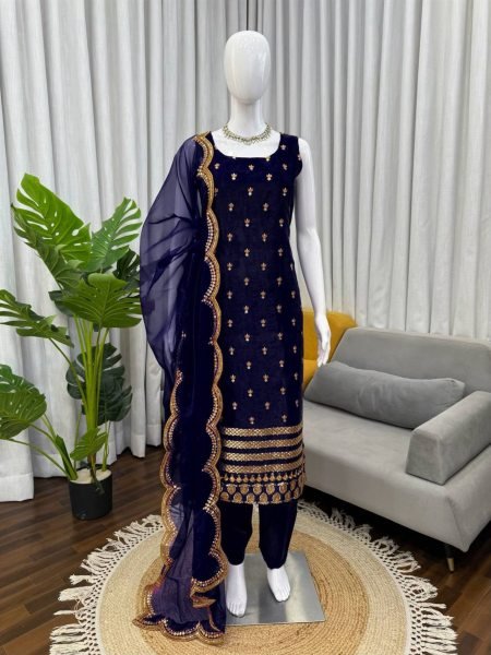 High Standard Royal Blue Roman Glass Thread and Sequence Work Long Kurti Pant Set with Elegant Organza Dupatta Ready To Wear Suit