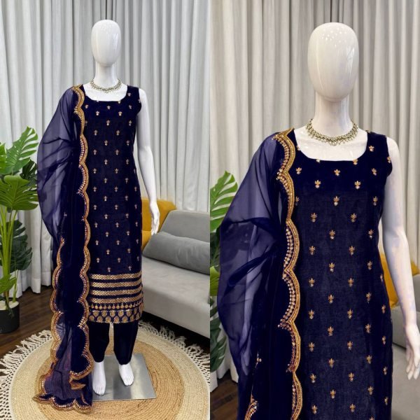 High Standard Royal Blue Roman Glass Thread and Sequence Work Long Kurti Pant Set with Elegant Organza Dupatta Ready To Wear Collection