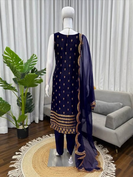 High Standard Royal Blue Roman Glass Thread and Sequence Work Long Kurti Pant Set with Elegant Organza Dupatta Ready To Wear Collection