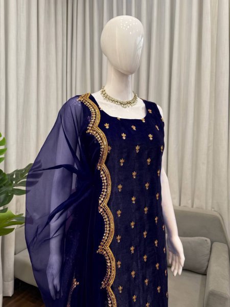 High Standard Royal Blue Roman Glass Thread and Sequence Work Long Kurti Pant Set with Elegant Organza Dupatta Ready To Wear Collection