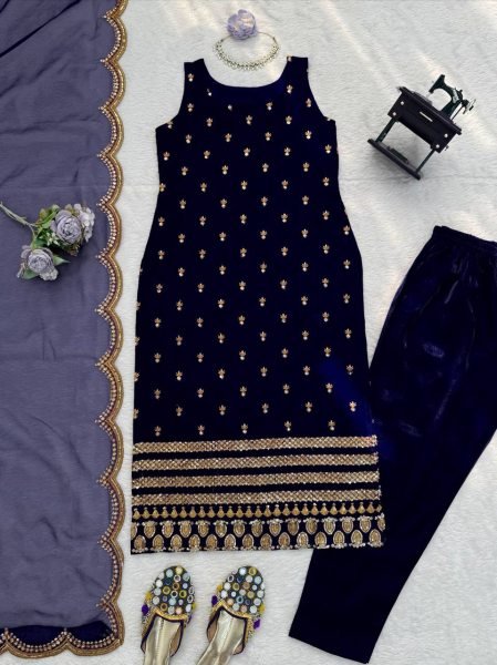 High Standard Royal Blue Roman Glass Thread and Sequence Work Long Kurti Pant Set with Elegant Organza Dupatta Ready To Wear Collection