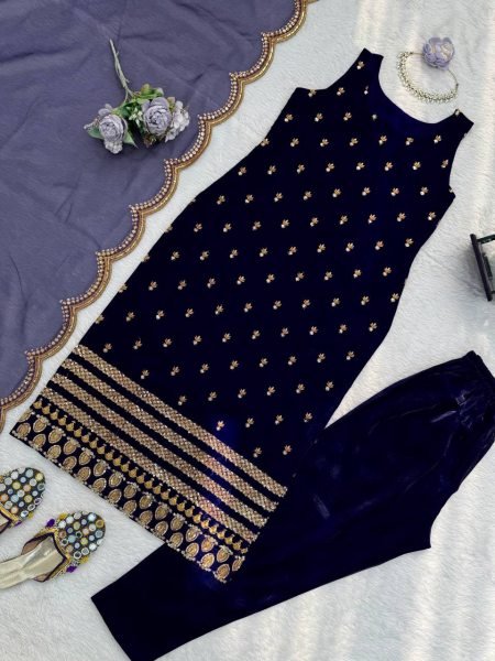 High Standard Royal Blue Roman Glass Thread and Sequence Work Long Kurti Pant Set with Elegant Organza Dupatta Ready To Wear Collection
