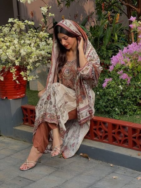 High tech Cream Brown Maslin Aari Work Suit Set with Original Mirror Embroidery Printed Kurtis