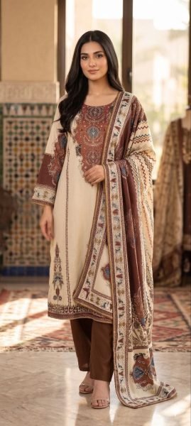 High tech Cream Brown Maslin Aari Work Suit Set with Original Mirror Embroidery Printed Kurtis