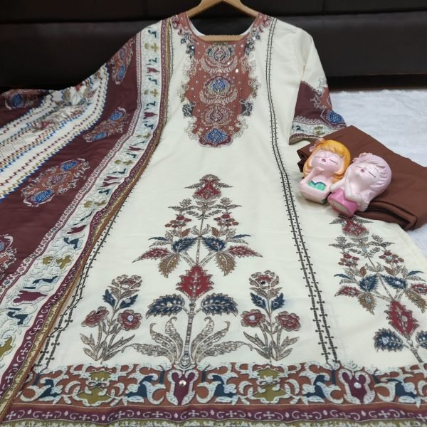 High tech Cream Brown Maslin Aari Work Suit Set with Original Mirror Embroidery Printed Kurtis