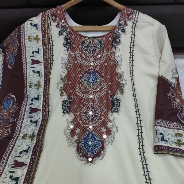 High tech Cream Brown Maslin Aari Work Suit Set with Original Mirror Embroidery Printed Kurtis