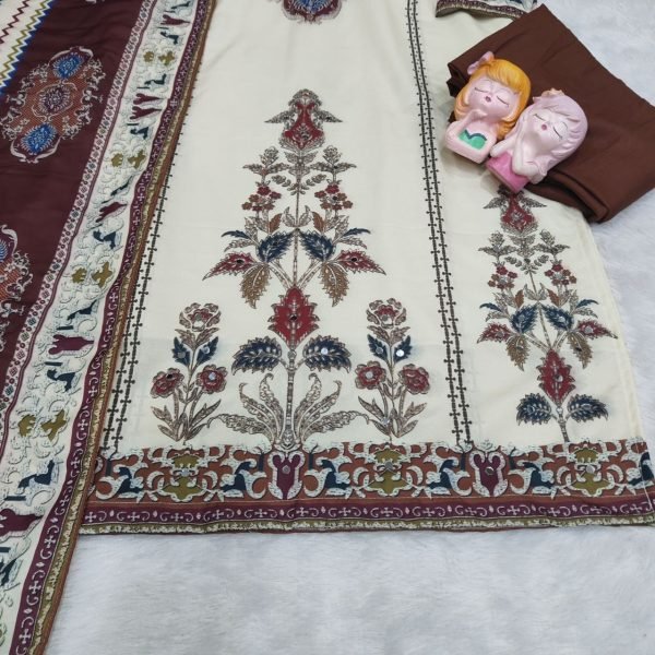 High tech Cream Brown Maslin Aari Work Suit Set with Original Mirror Embroidery Printed Kurtis