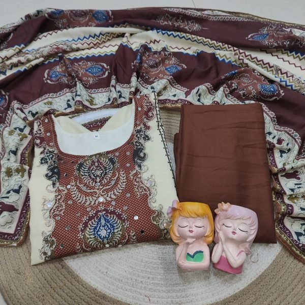 High tech Cream Brown Maslin Aari Work Suit Set with Original Mirror Embroidery Printed Kurtis