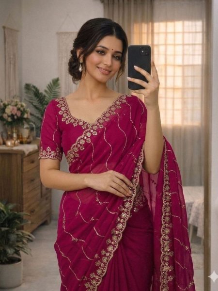 High-Tech Pink Georgette Saree with Sequins Work and Designer Blouse Sarees 