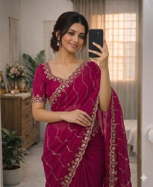 High-Tech Pink Georgette Saree with Sequins Work and Designer Blouse Embroidery Sarees Wholesale
