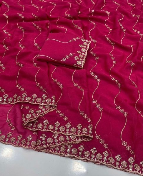 High-Tech Pink Georgette Saree with Sequins Work and Designer Blouse Embroidery Sarees Wholesale