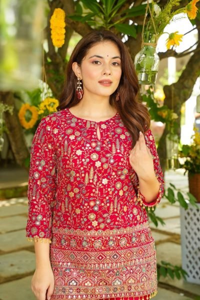 High tech Red Crepe Silk Kurti Pant Set with Embroidery Work for Women CO ORD Sets