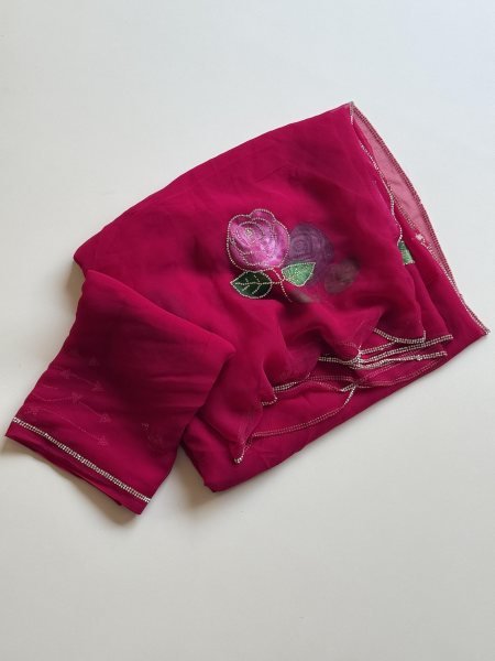 Hot Pink Boutique Style Pure Chiffon Saree with Premium Jarkan Stone Work Pure Chiffon Sarees Wholesale