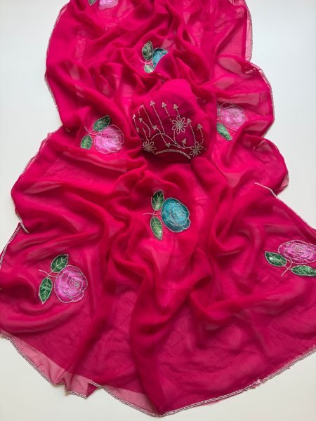 Hot Pink Boutique Style Pure Chiffon Saree with Premium Jarkan Stone Work Pure Chiffon Sarees Wholesale