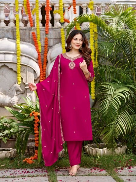 Hot Pink Boutique Style Viscose Chanderi Suit Set with Rich Designer Chanderi Dupatta 