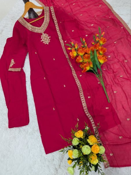 Hot Pink Boutique Style Viscose Chanderi Suit Set with Rich Designer Chanderi Dupatta Embroidery Kurtis 