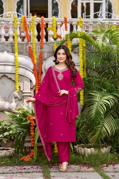 Hot Pink Boutique Style Viscose Chanderi Suit Set with Rich Designer Chanderi Dupatta Embroidery Kurtis 