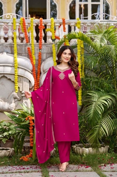 Hot Pink Boutique Style Viscose Chanderi Suit Set with Rich Designer Chanderi Dupatta Embroidery Kurtis 
