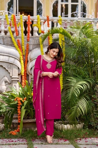Hot Pink Boutique Style Viscose Chanderi Suit Set with Rich Designer Chanderi Dupatta Embroidery Kurtis 