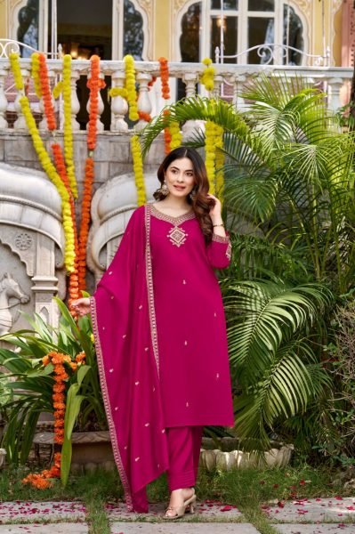 Hot Pink Boutique Style Viscose Chanderi Suit Set with Rich Designer Chanderi Dupatta Embroidery Kurtis 