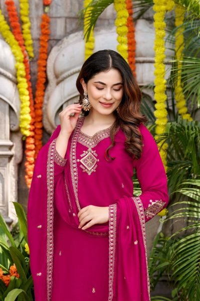 Hot Pink Boutique Style Viscose Chanderi Suit Set with Rich Designer Chanderi Dupatta Embroidery Kurtis 