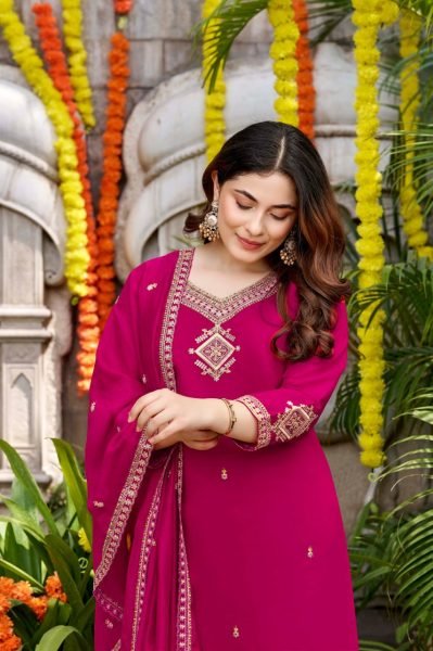 Hot Pink Boutique Style Viscose Chanderi Suit Set with Rich Designer Chanderi Dupatta Embroidery Kurtis 