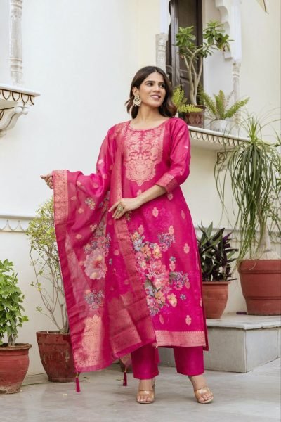 Hot Pink Chanderi Cotton Kurta Set with Printed Dupatta and Viscose Bottom Elegant Party Outfit 3 Piece Kurti Set