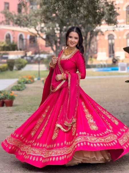 Hot Pink Chinon Fabric Lehenga Choli with Thread Sequins Work and Chinon Dupatta For Bridal   Lehenga