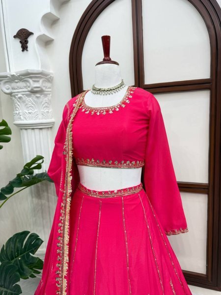 Hot Pink Chinon Fabric Lehenga Choli with Thread Sequins Work and Chinon Dupatta For Bridal  Designer Lehenga Choli