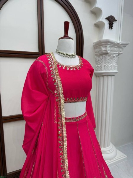 Hot Pink Chinon Fabric Lehenga Choli with Thread Sequins Work and Chinon Dupatta For Bridal  Designer Lehenga Choli