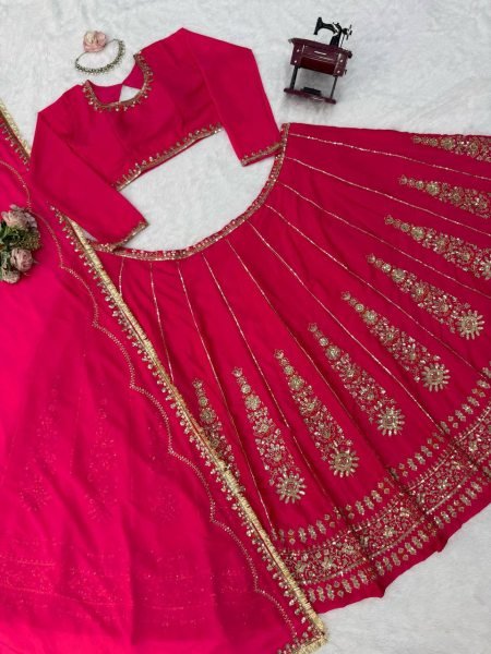 Hot Pink Chinon Fabric Lehenga Choli with Thread Sequins Work and Chinon Dupatta For Bridal  Designer Lehenga Choli