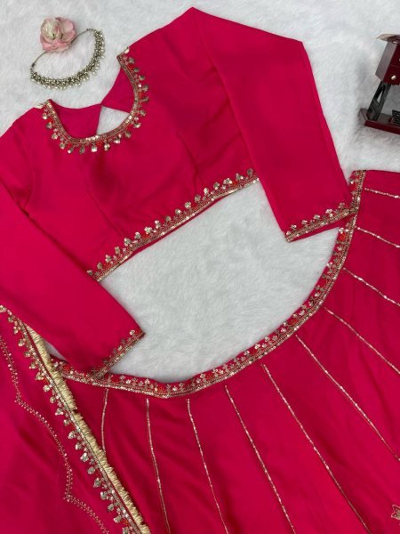 Hot Pink Chinon Fabric Lehenga Choli with Thread Sequins Work and Chinon Dupatta For Bridal  Designer Lehenga Choli