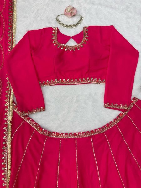 Hot Pink Chinon Fabric Lehenga Choli with Thread Sequins Work and Chinon Dupatta For Bridal  Designer Lehenga Choli
