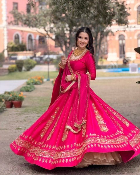 Hot Pink Chinon Fabric Lehenga Choli with Thread Sequins Work and Chinon Dupatta For Bridal  Designer Lehenga Choli