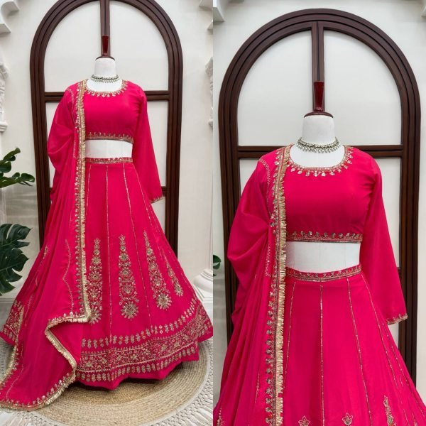 Hot Pink Chinon Fabric Lehenga Choli with Thread Sequins Work and Chinon Dupatta For Bridal  Designer Lehenga Choli