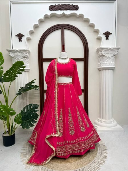 Hot Pink Chinon Fabric Lehenga Choli with Thread Sequins Work and Chinon Dupatta For Bridal  Designer Lehenga Choli