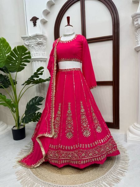 Hot Pink Chinon Fabric Lehenga Choli with Thread Sequins Work and Chinon Dupatta For Bridal  Designer Lehenga Choli