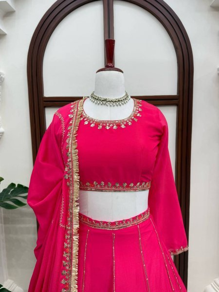 Hot Pink Chinon Fabric Lehenga Choli with Thread Sequins Work and Chinon Dupatta For Bridal  Designer Lehenga Choli