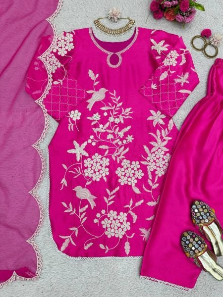 Hot Pink Color Satin Sequence Work Patiyala Set  Ready To Wear Collection