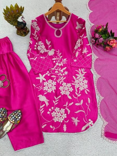 Hot Pink Color Satin Sequence Work Patiyala Set  Ready To Wear Collection