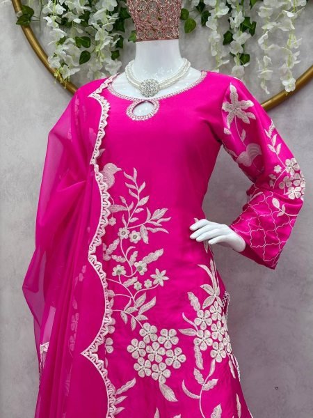 Hot Pink Color Satin Sequence Work Patiyala Set  Ready To Wear Collection