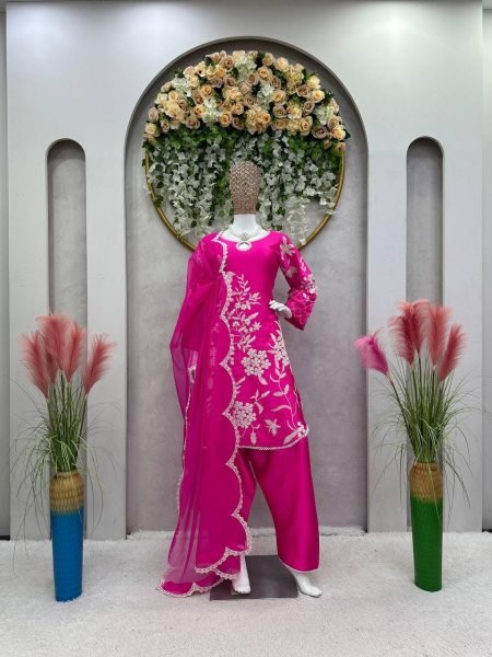 Hot Pink Color Satin Sequence Work Patiyala Set  Ready To Wear Collection