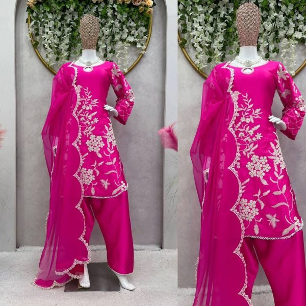 Hot Pink Color Satin Sequence Work Patiyala Set  Ready To Wear Collection