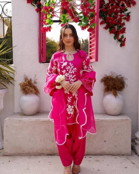 Hot Pink Color Satin Sequence Work Patiyala Set  Ready To Wear Collection