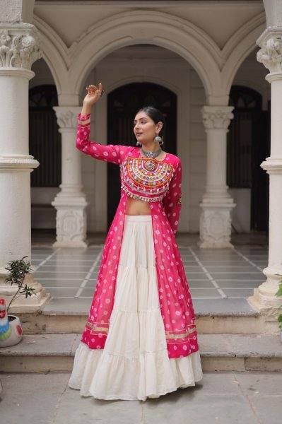 Hot Pink Cotton Kurti with Kutchi Mirror Work Lehenga Traditional Navratri Set for Garba Nights Navratri Collection