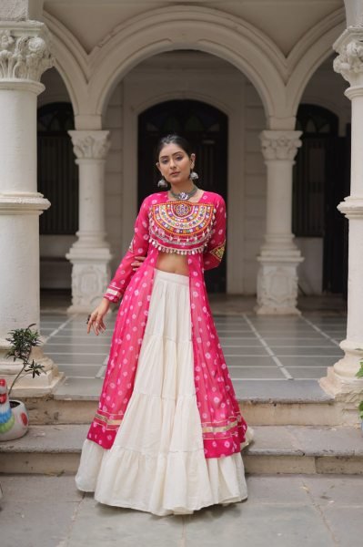 Hot Pink Cotton Kurti with Kutchi Mirror Work Lehenga Traditional Navratri Set for Garba Nights Navratri Collection