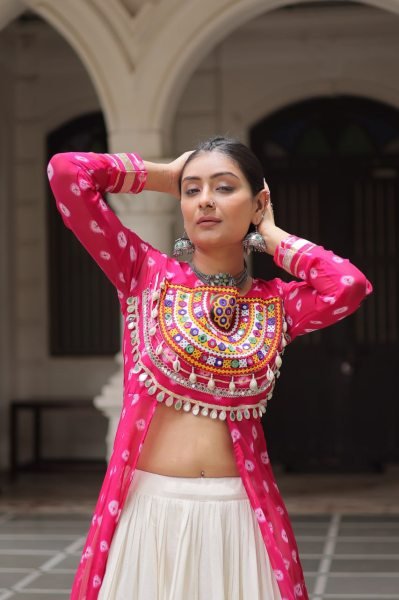 Hot Pink Cotton Kurti with Kutchi Mirror Work Lehenga Traditional Navratri Set for Garba Nights Navratri Collection