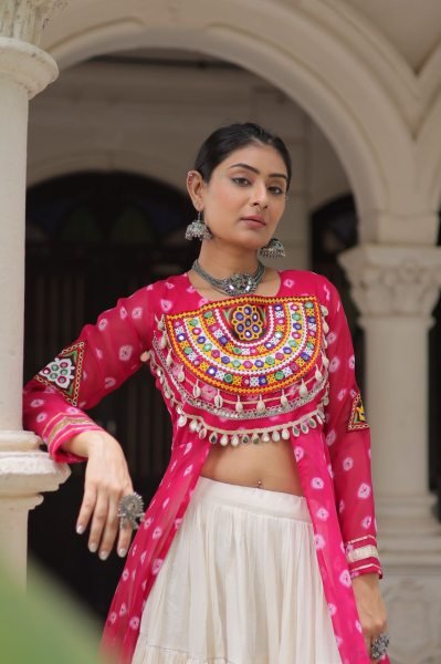 Hot Pink Cotton Kurti with Kutchi Mirror Work Lehenga Traditional Navratri Set for Garba Nights Navratri Collection