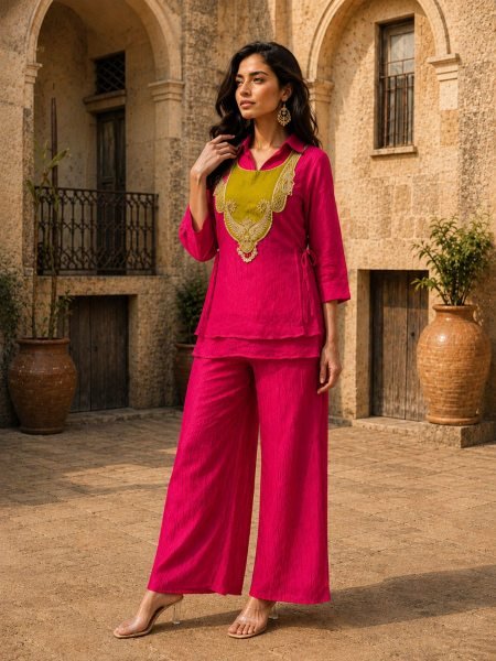 Hot Pink Crunchy Silk Kurti Palazzo Set with Embroidered Koti and Coin Hanging